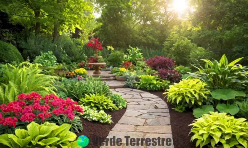 Jardín vibrante con plantas de sombra y sol, iluminado por luz filtrada entre árboles