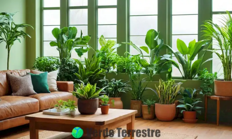 Colección de 51 plantas de interior verdes en un salón acogedor, con luz natural y un estante de madera con macetas etiquetadas