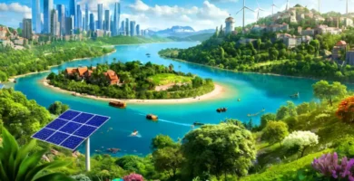 Portada ilustrada que muestra un paisaje verde y un moderno ciudad eco-amigable