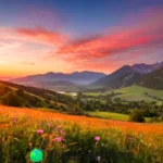 Amanecer vibrante sobre un paisaje sereno con montañas y un prado de flores silvestres