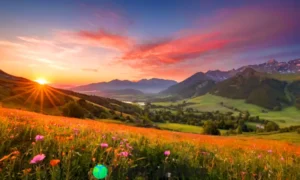 Amanecer vibrante sobre un paisaje sereno con montañas y un prado de flores silvestres
