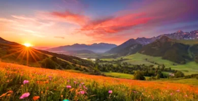 Amanecer vibrante sobre un paisaje sereno con montañas y un prado de flores silvestres