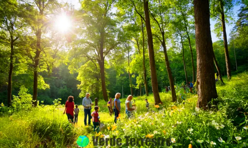 Grupo diverso de personas plantando árboles en un bosque verde bajo un cielo azul