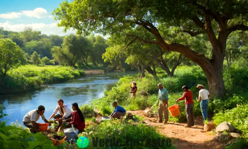 Grupo diverso de personas plantando árboles y limpiando un paisaje verde con río, simbolizando la conservación ambiental