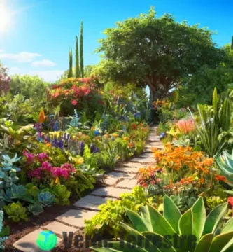 Jardín vibrante y exuberante con diversas plantas y flores bajo un cielo azul