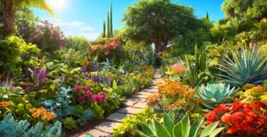 Jardín vibrante y exuberante con diversas plantas y flores bajo un cielo azul