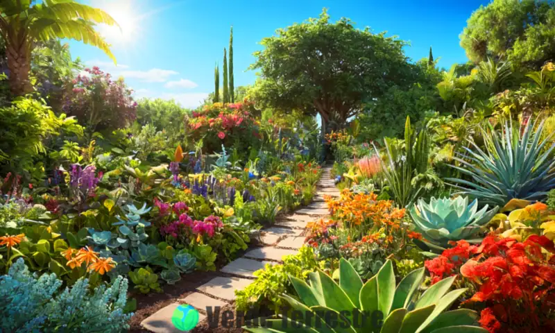 Jardín vibrante y exuberante con diversas plantas y flores bajo un cielo azul