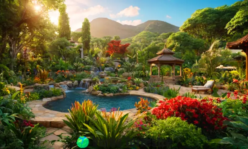 Un jardín botánico vibrante con plantas medicinales, flores coloridas y un amanecer que evoca serenidad y bienestar
