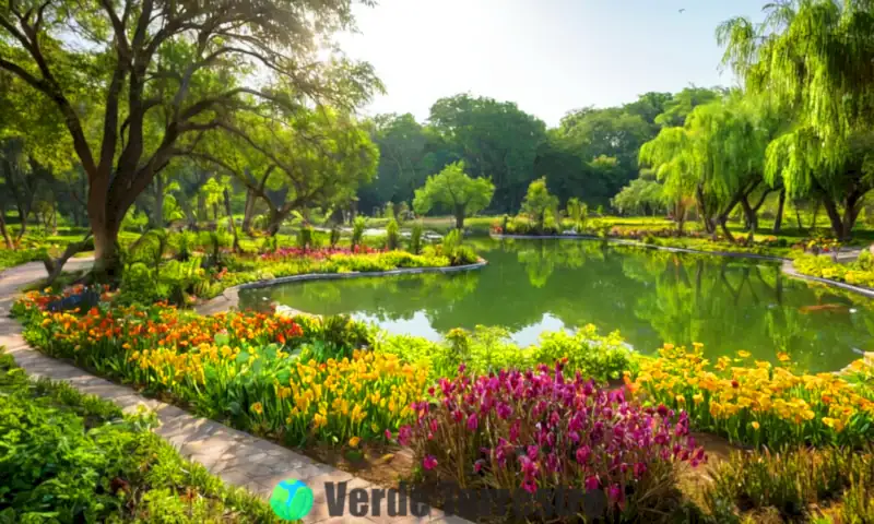 Parque ecológico exuberante con árboles nativos, flores coloridas, un estanque sereno y visitantes disfrutando de la biodiversidad