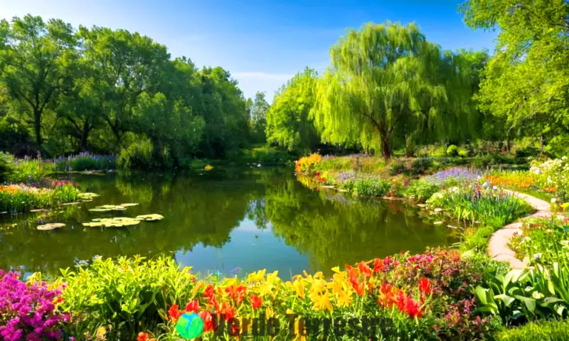 Parque ecológico vibrante con árboles verdes, flores coloridas, un estanque sereno y personas participando en actividades ecológicas