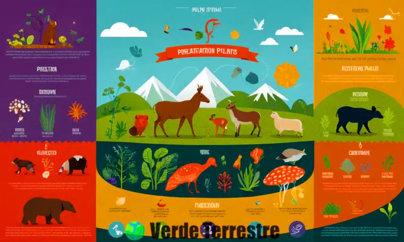 Ilustración infográfica que muestra las funciones vitales de organismos vivos, incluyendo plantas, animales y humanos, en un ecosistema vibrante con procesos esenciales etiquetados