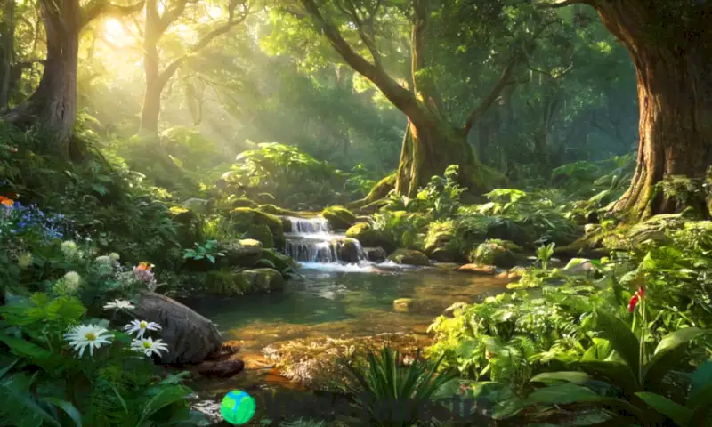 Ilustración de un ecosistema vibrante que muestra la interacción armoniosa entre plantas, animales y microorganismos en un bosque frondoso