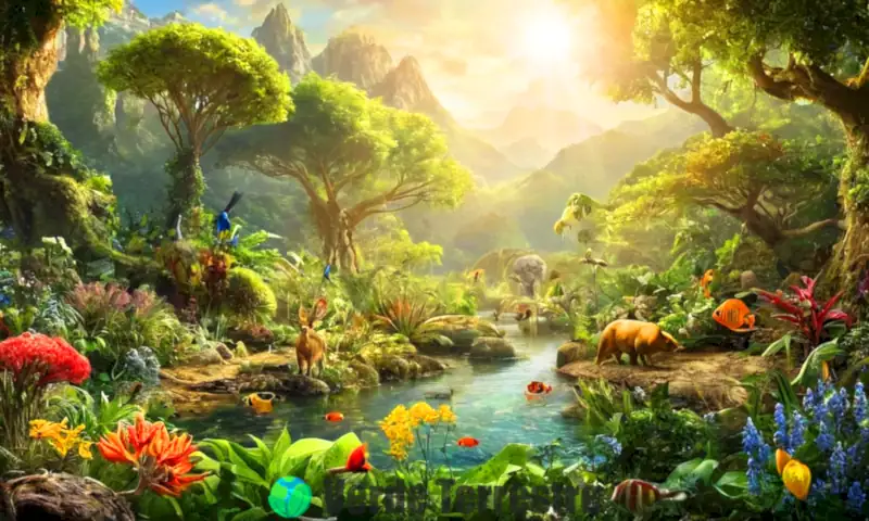 Diversos organismos interactúan en un ecosistema vibrante que muestra la biodiversidad y los procesos vitales en un entorno colorido