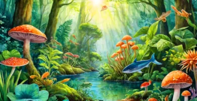 Ilustración de un ecosistema vibrante con plantas