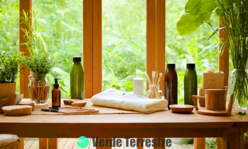 Productos ecológicos, como bolsas reutilizables y cepillos de bambú, dispuestos en una mesa de madera rodeada de plantas verdes y un jardín sereno