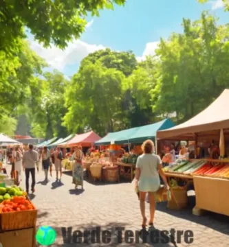 Ilustración de un mercado al aire libre con productos ecológicos como bolsas reutilizables y cepillos de bambú