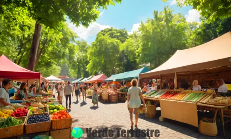 Ilustración de un mercado al aire libre con productos ecológicos como bolsas reutilizables y cepillos de bambú