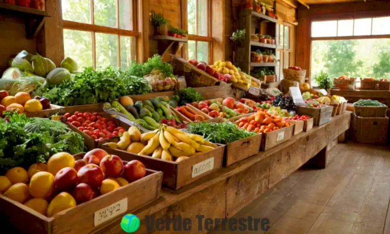 Mercado orgánico con frutas y verduras frescas en cestas, iluminado por la luz del sol