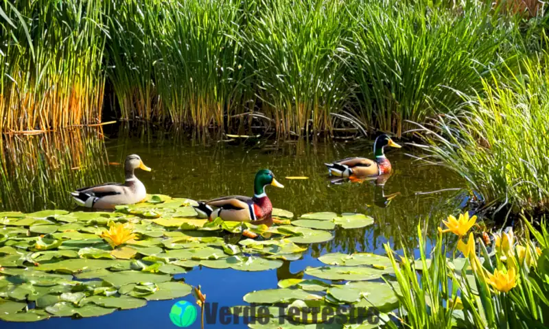 Patos de colores nadando en un sereno estanque rodeado de juncos y lirios, reflejando un cielo azul