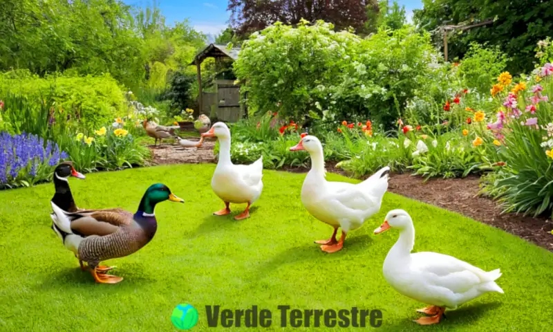 Patio sereno con patos domésticos de varios colores forrajeando en un jardín verde y florido