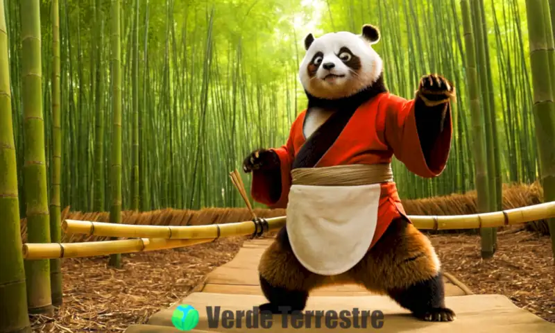 Ilustración colorida de Master Shifu, un panda rojo sabio, en un bosque de bambú, realizando poses de artes marciales