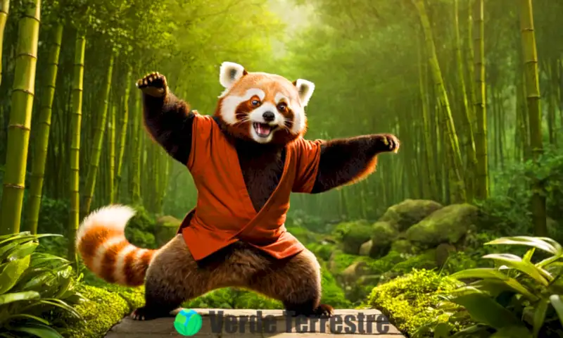 Maestro Shifu, un sabio panda rojo, en un templo chino rodeado de bambú y montañas, con estilo animado y colores vibrantes