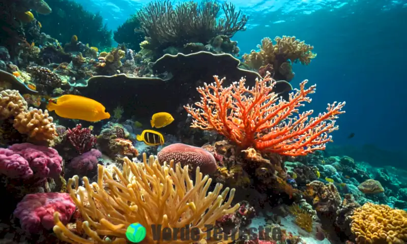 Escena submarina vibrante con diversos invertebrados, como pulpos y babosas de mar, en un hábitat colorido con corales y plantas
