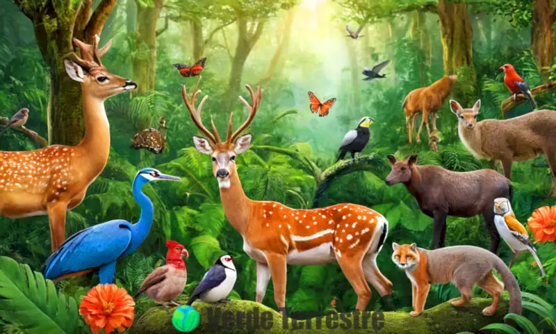 Ilustración educativa de animales terrestres con pulmones en un bosque vibrante, mostrando mamíferos, reptiles y aves con detalles realistas