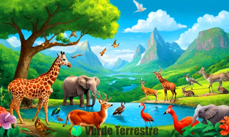 Ilustración colorida de animales que respiran por pulmones en un entorno natural, con nombres etiquetados y un estilo animado