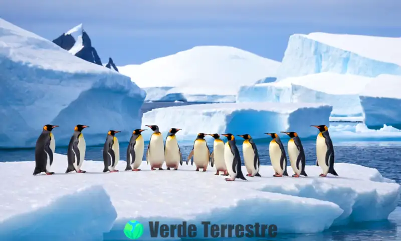 Grupo de pingüinos en un paisaje antártico, rodeados de icebergs y océano, con montaña nevadas y un cielo azul