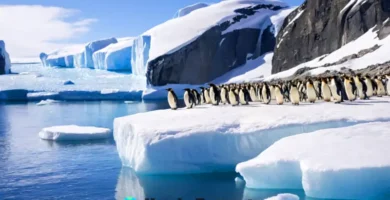 Grupo de pingüinos en un paisaje helado