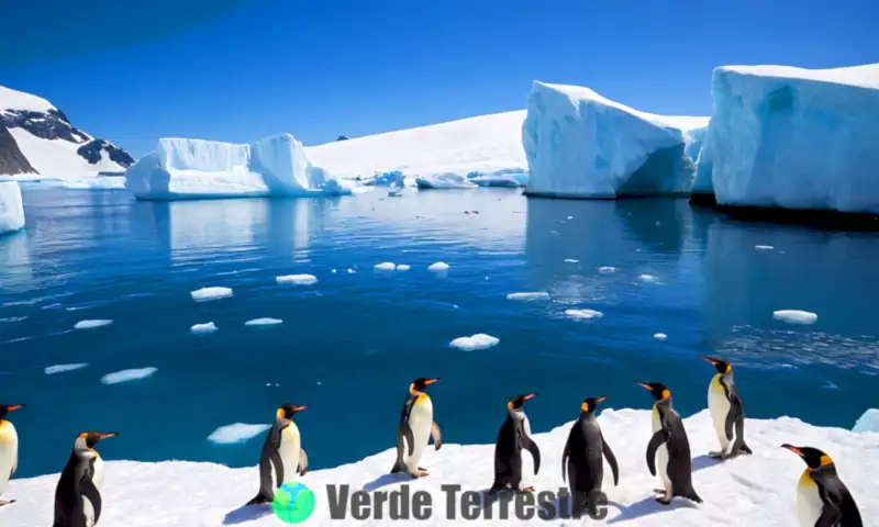 Pingüinos buscando alimento en un paisaje antártico con icebergs, nieve y un cielo azul