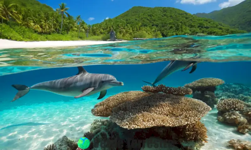 Delfines jugueteando en aguas turquesas, rodeados de coloridos corales y peces, iluminados por la luz del sol