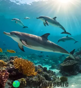Delfines nadando en un océano vibrante