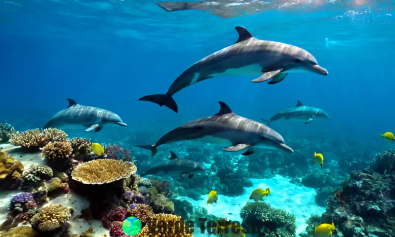 Delfines nadando en aguas cristalinas, rodeados de peces y corales, bajo la luz del sol