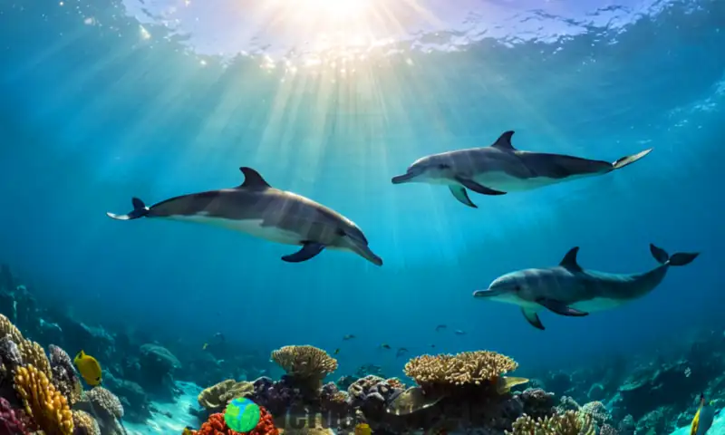 Grupo de delfines jugando en un océano vibrante, rodeados de corales coloridos y peces, con luz solar filtrándose a través del agua