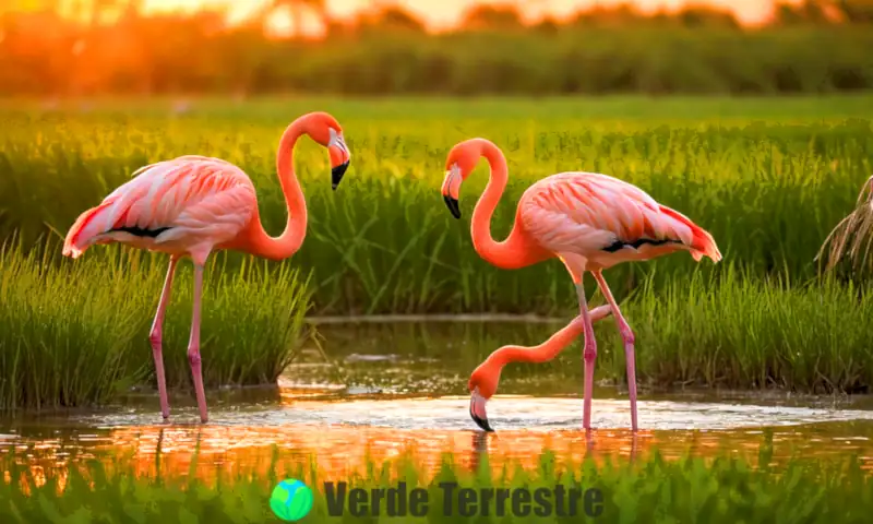 Grupo de flamencos alimentándose en un humedal al atardecer