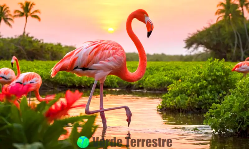 Flamenco rosa alimentándose en una laguna poco profunda, rodeado de vegetación y flores tropicales al atardecer