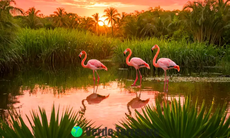 Grupo de flamencos alimentándose en aguas rosadas, rodeados de vegetación tropical y un atardecer cálido