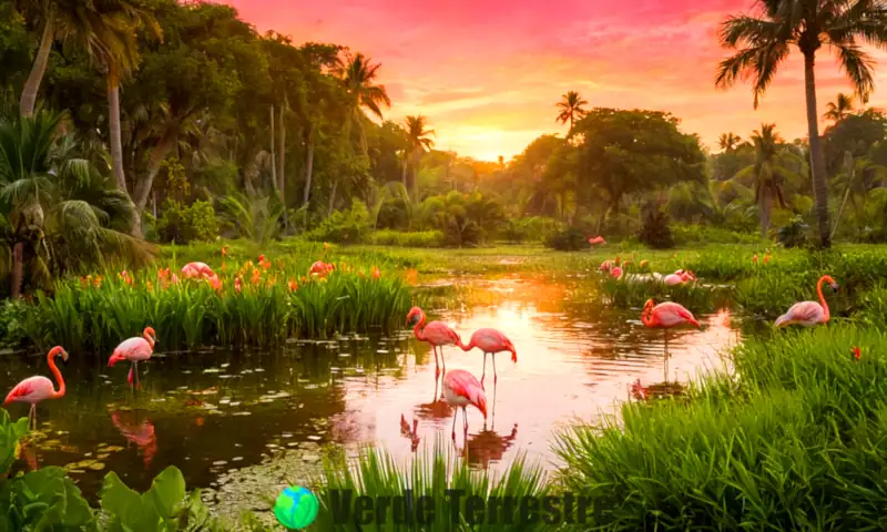 Flamencos alimentándose en un humedal vibrante, rodeados de vegetación verde y aguas poco profundas al atardecer