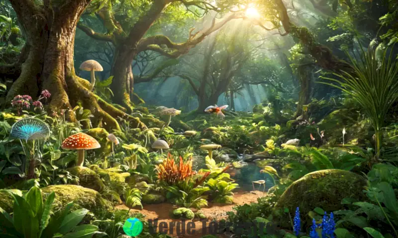 Ilustración educativa de biocenosis que muestra un ecosistema vibrante con diversas especies interactivas en un bosque