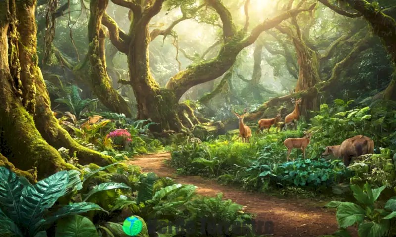 Representación ilustrada de un ecosistema diverso en un bosque vibrante, mostrando la interacción armónica de plantas, animales y microorganismos