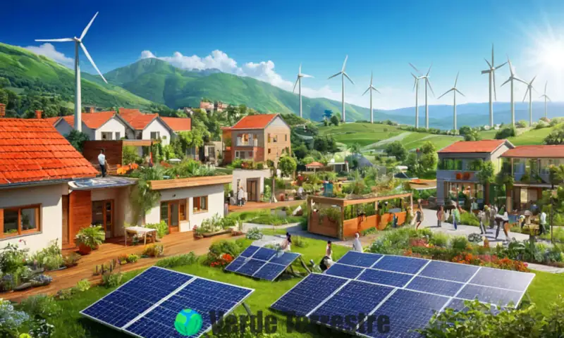 Ilustración colorida que muestra proyectos de desarrollo sostenible con paneles solares, turbinas eólicas y jardines urbanos, en un paisaje ecológico con comunidades trabajando juntas