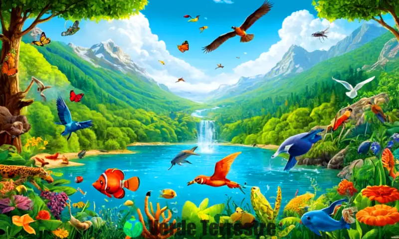 Ilustración colorida de un ecosistema diverso con animales, plantas y microorganismos interactuando con agua, luz y nutrientes