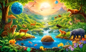 Ilustración colorida que muestra animales y plantas en un entorno natural