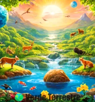 Ilustración colorida que muestra animales y plantas en un entorno natural