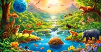 Ilustración colorida que muestra animales y plantas en un entorno natural