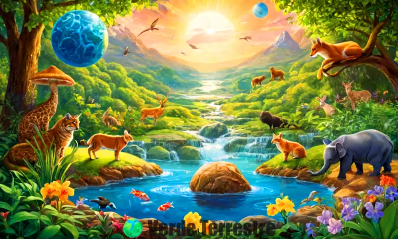 Ilustración colorida que muestra animales y plantas en un entorno natural