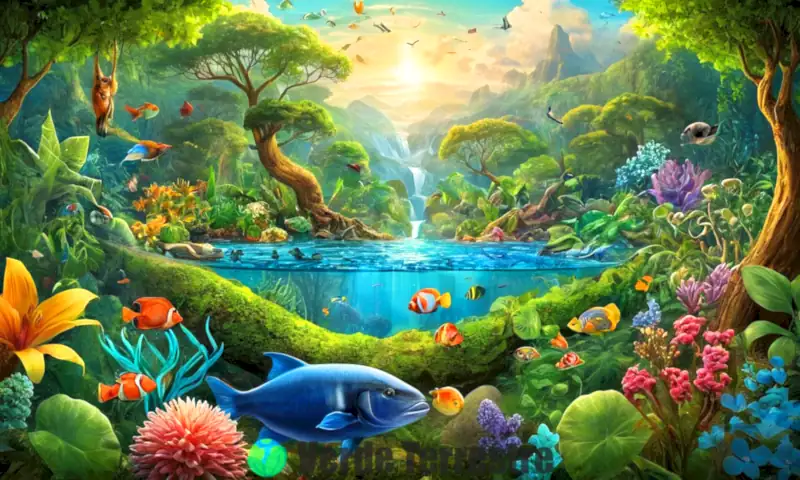 Ilustración vibrante de un ecosistema diverso donde organismos interactúan armoniosamente con agua, aire y nutrientes