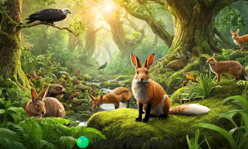 Ilustración educativa de niveles tróficos en un ecosistema forestal, mostrando productores, consumidores y depredadores, con etiquetas claras